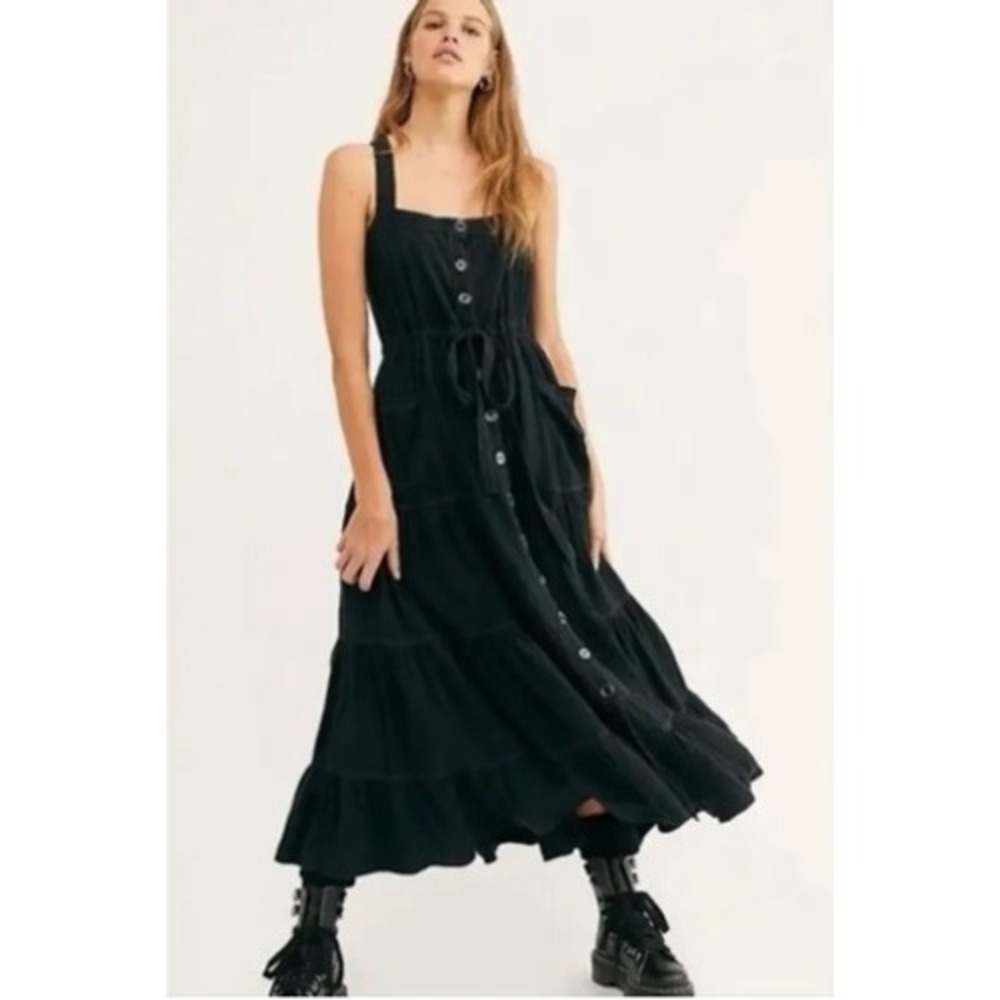 Free People Catch The Breeze Midi Dress Black Linen Blend Tiered Button Size S